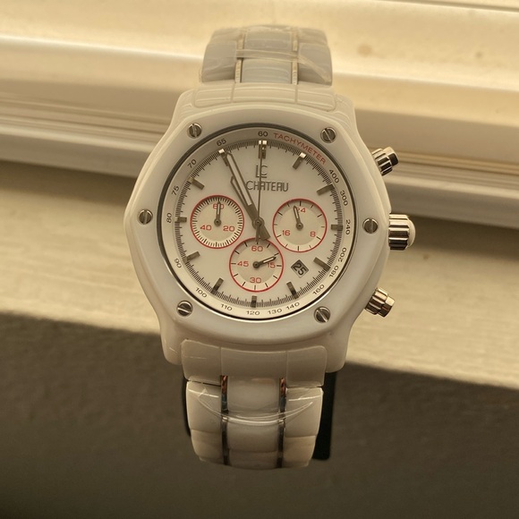 LeChateau Quartz Watch Ceramic Chrome Metal To Hold Links Together WR 5ATM